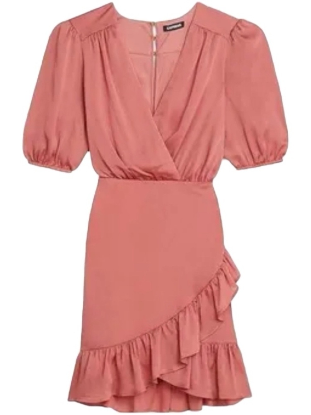 EXPRESS | Ruched Ruffle Faux Wrap Mini Dress - Picture 2 of 7
